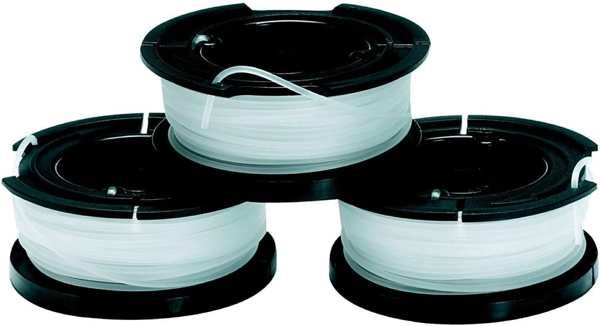 Black+Decker Akku-Rasentrimmer (Powercommand EasyFeed, 18V 4,0Ah, inkl. Akku und Ladegerät, 30 cm Schnittbreite, für größere Flächen) + Fadenspulen (für Trimmer 3er Pack- 3 x 10 m Länge)