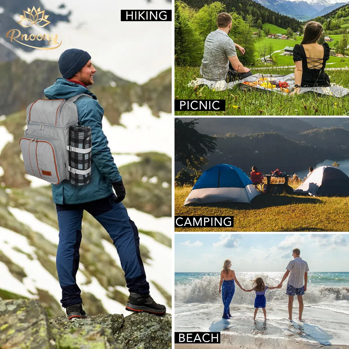 Rnoony Großer Picknickrucksack für 2, Picknickkorb für 2 mit isoliertem Kühler und Flaschentasche, Picknicktasche mit Leichter Decke und Besteckset für Familie, Paar und Wandern