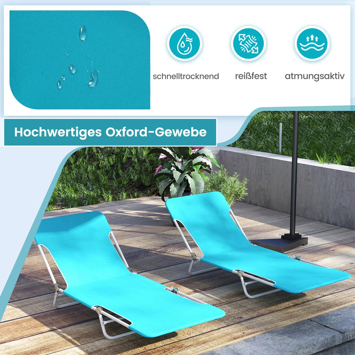COSTWAY Strandliege klappbar leicht 2er Set, Sonnenliege mit verstellbarem Rücken- und Fußteil, tragbare Klappliege mit Tragegurt, Liegestuhl bis 150 kg belastbar für Strand, Garten, Terrasse (Blau)