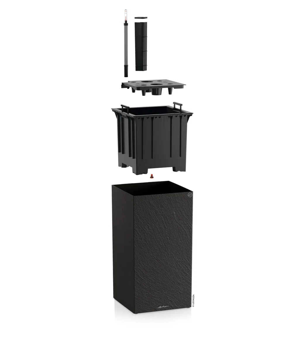 LECHUZA-Pflanzgefäß Canto Slatestone 40 high Dark Grey, Pflanzgefäß mit Bewässerungssystem, Wasserstandsanzeiger und Pflanzeinsatz, Schiefer-Optik, 40 x 40 x 76 cm, 15956
