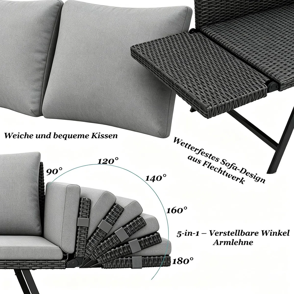 Gartensofa 2 Sitzer mit Liegefunktion, Verstellbare Couch klappbarer Armlehnen, Outdoor schlafsofa mit Kissen, Polyrattan Gartenbank Lounge Sofa für balkonmöbel,Terrasse, Gartenmöbel (Dunkel)