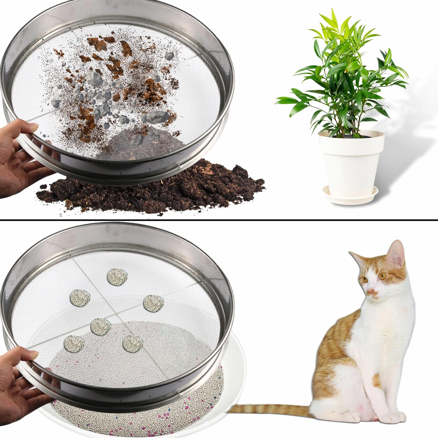 Savita Bodensieb Garten, 1st 40cm Edelstahl Siebpfanne und 4 Stück 0,7/2/3/6mm Maschenweiten Bodensieb Edelstahl Bodensieb Set Schmutz Gartensieb Bodensieb