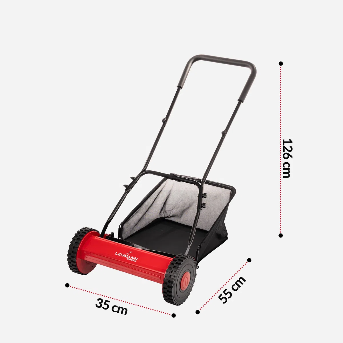 LEHMANN Spindelmäher 40 cm mit Fangkorb 15 L – Handrasenmäher ohne Strom, mechanischer Rasenmäher manuell mit 5 Messern, einstellbare Schnitthöhe 15–43 mm, klappbarer Griff