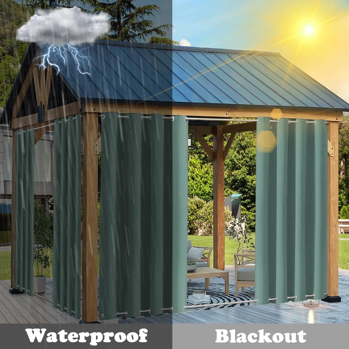 Outdoor Vorhänge Wetterfest Sonnenschutz, Outdoor Vorhang mit Ösen Oben und Unten, Wasserdicht Outdoor Gardinen für Pavillon Terrasse Veranda | 1 Stück, Grün, B254xH259cm