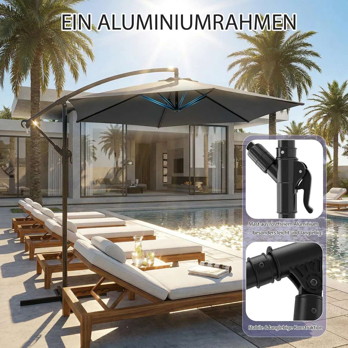Sekey Ampelschirm 300 cm mit neigbarem Schirmdach, Sonnenschirm mit 48mm Alu-Mast & 6x Stahlstreben，Garten Terrassen Schirm rund knickbar, inkl. Zusatzgurt gegen Wackeln