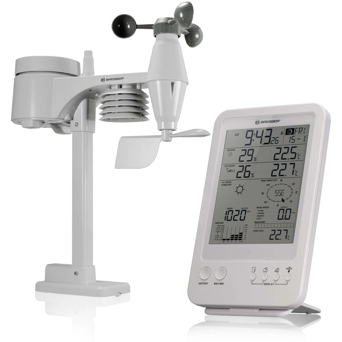 Bresser Wetterstation 5-in-1 Funkwetterstation mit Außensensor, Weiß