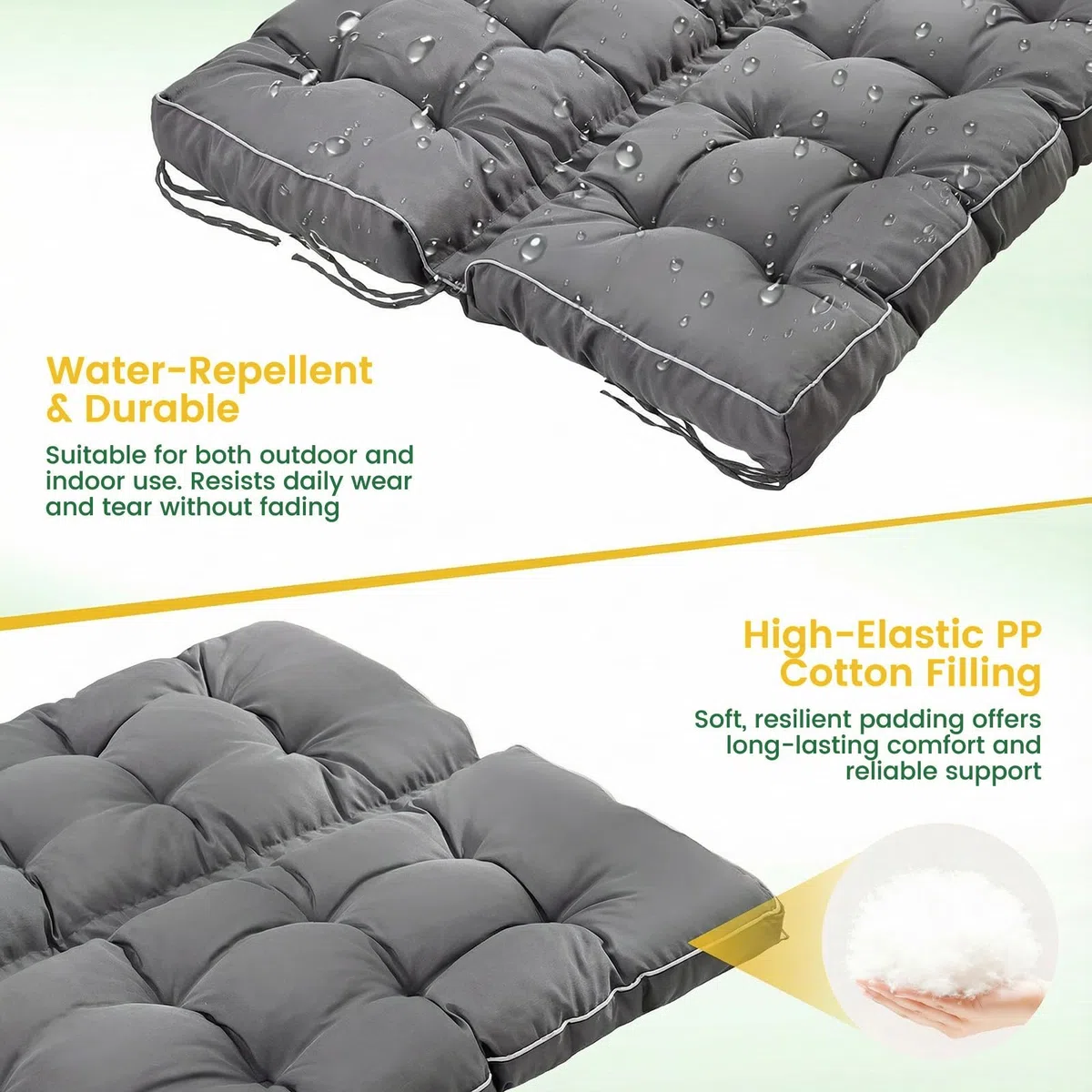 Bankauflage für Innen und Außen, 2-in-1 faltbares Design mit Kissen 111 x 160 x 14 cm, wasserabweisender sitzkissen, rutschfeste Gartenbankauflage mit Bändern für Hollywoodschaukel, Fensterbank (grau)