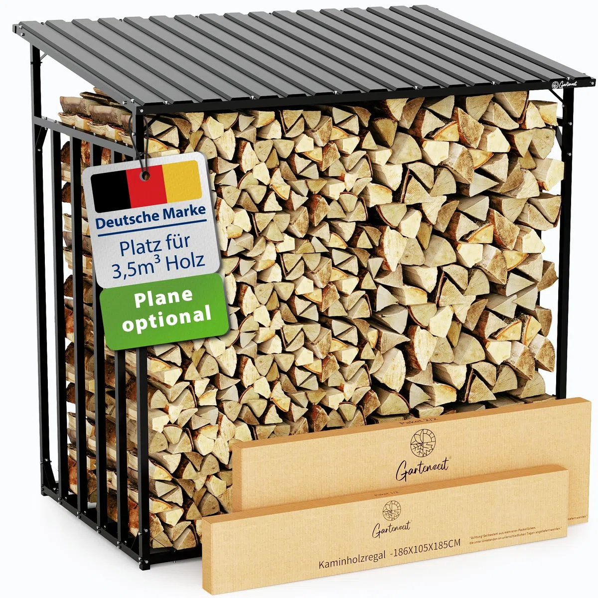 Gartenzeit® Kaminholzregal Außen XXXL 186x105x185cm – 3,45m³, 5,25SRM, Metallrahmen 30x30mm, Metalldach, feuerverzinkt, 105cm tief, Brennholzregal Holzstapelhilfe Holzunterstand Außen