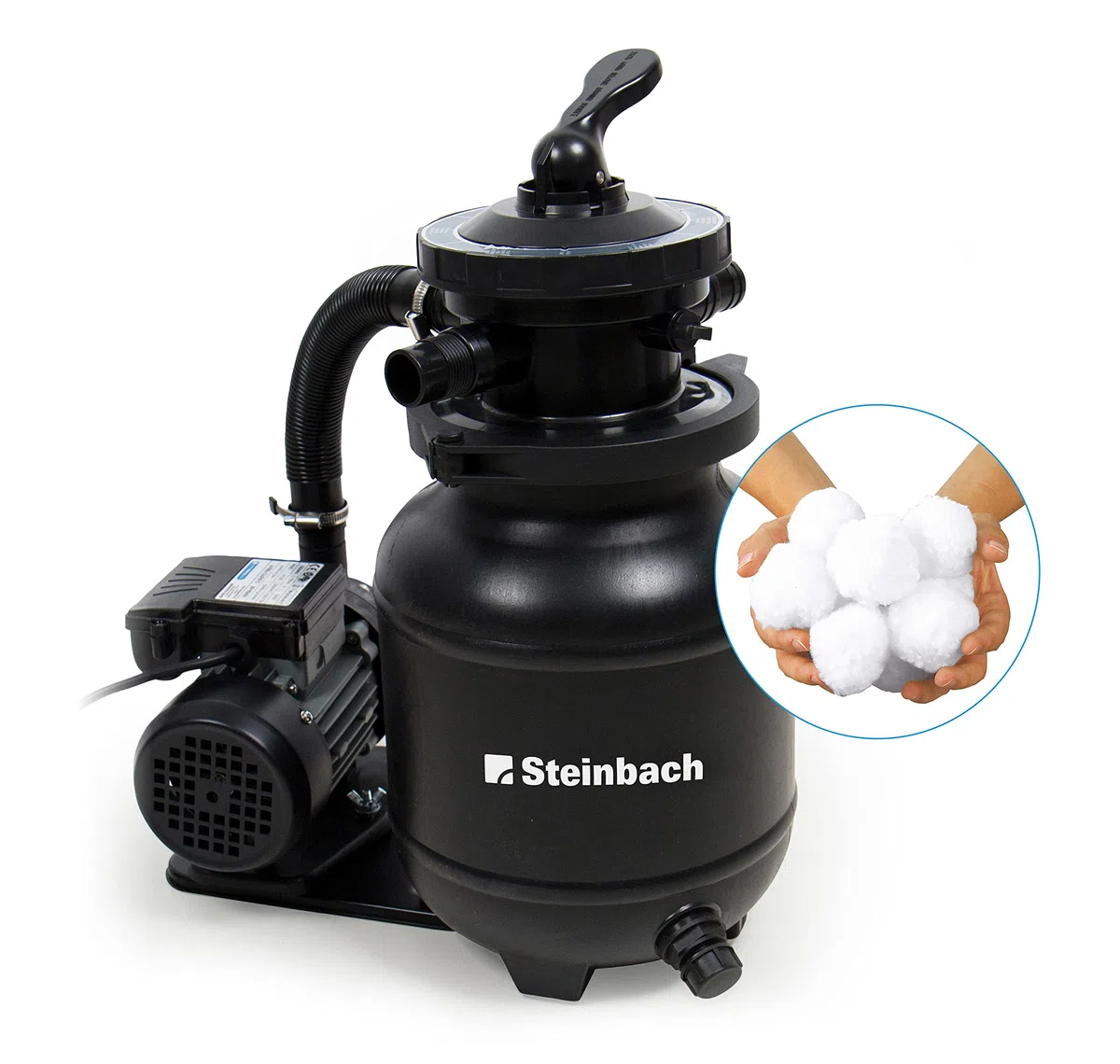 Steinbach Filteranlage Active Balls+ – 040386 – Nicht selbstsaugende Pumpe für Pools mit bis zu 19.000 l – Mit 7-Wege-Ventil mit Verstellhebel und Manometer – Inkl. ca. 300 g Filter Balls