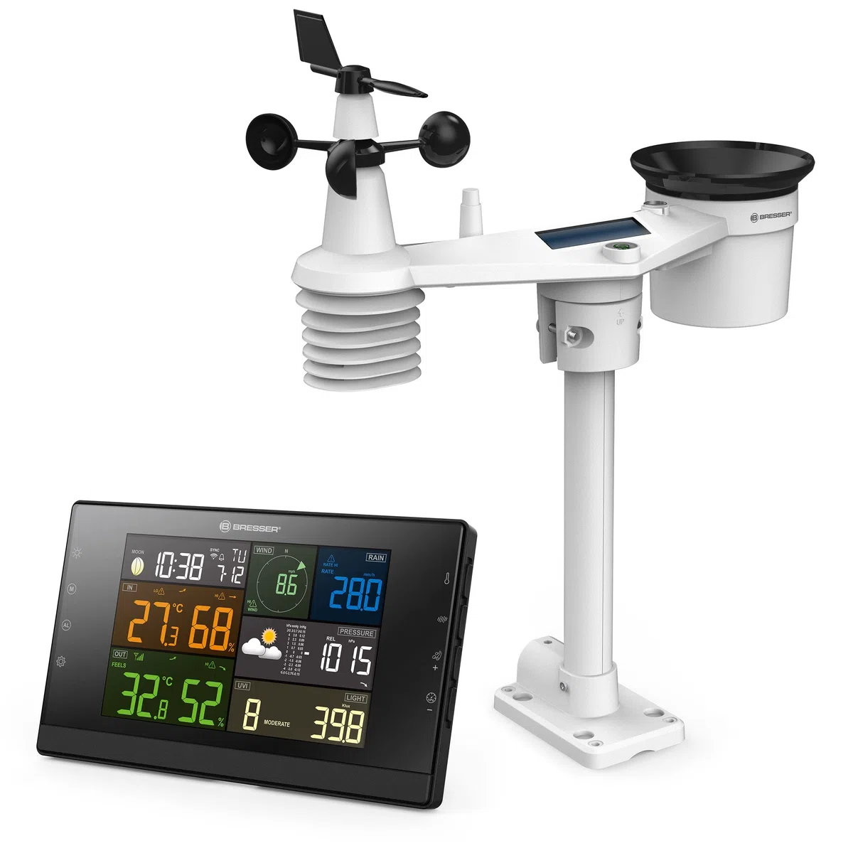 Bresser Wetterstation Funk mit Außensensor - WLAN-Wettercenter Profi-WSC mit 7-in-1-Sensor inkl. batterieunterstützendem Solarpanel, Wind- und Regenmesser, schwarz