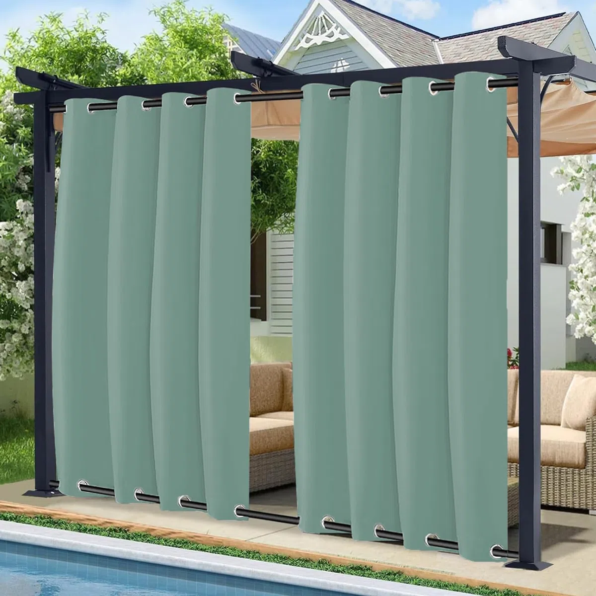 Outdoor Vorhänge Wetterfest Sonnenschutz, Outdoor Vorhang mit Ösen Oben und Unten, Wasserdicht Outdoor Gardinen für Pavillon Terrasse Veranda | 1 Stück, Grün, B254xH259cm
