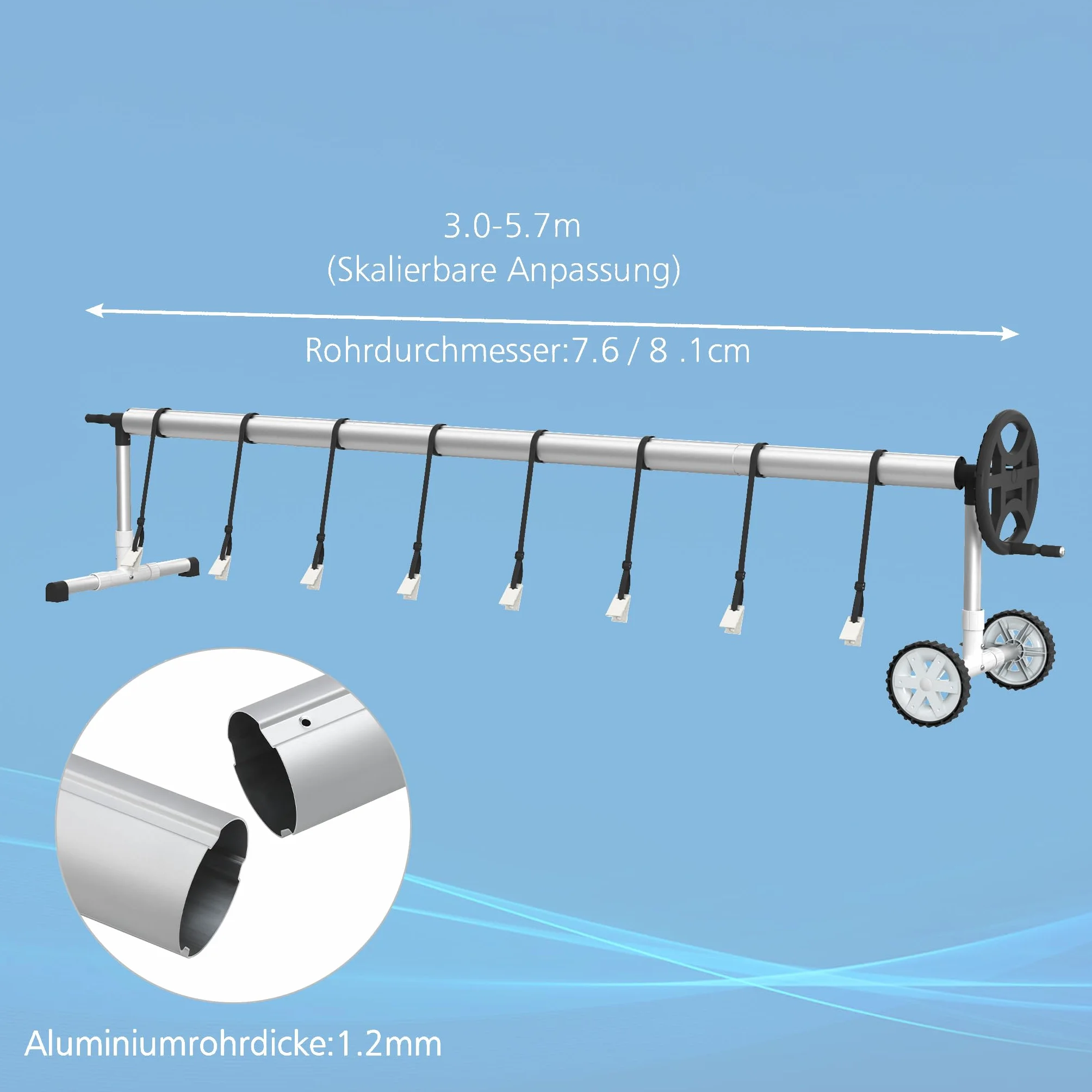 UISEBRT Pool Aufroller Mobiles Poolfolienaufroller 3m - 5,70m für Poolplane, Aufrollvorrichtung mit Befestigungsbändern & Rädern