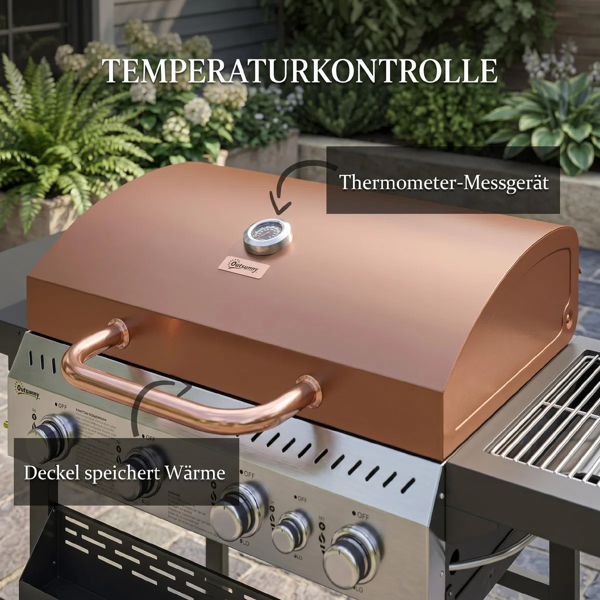 Outsunny Gasgrill 12 KW 4+1 Brenner BBQ Grillwagen aus Edelstahl mit Seitenbrenner, Thermometer, Grillrost, Kochfeld, Flaschenöffner und Seitenablagen Gasgrill für Camping Balkon 135 x 55 x 103cm