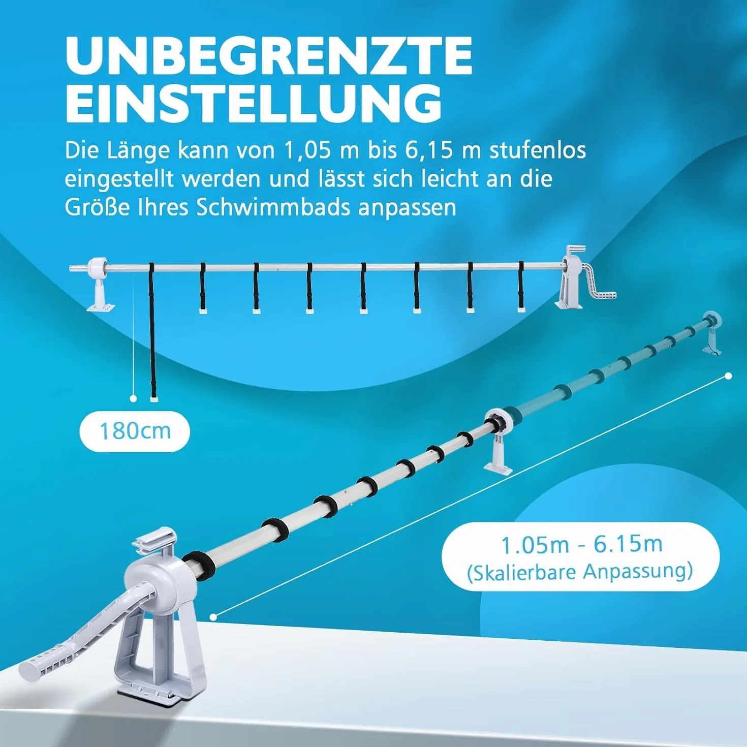ACXIN Pool Aufroller 1,05–6,15 m Verstellbar, Teleskop Aluminium Poolrolle mit Handkurbel für Abdeckplane & Solarfolie