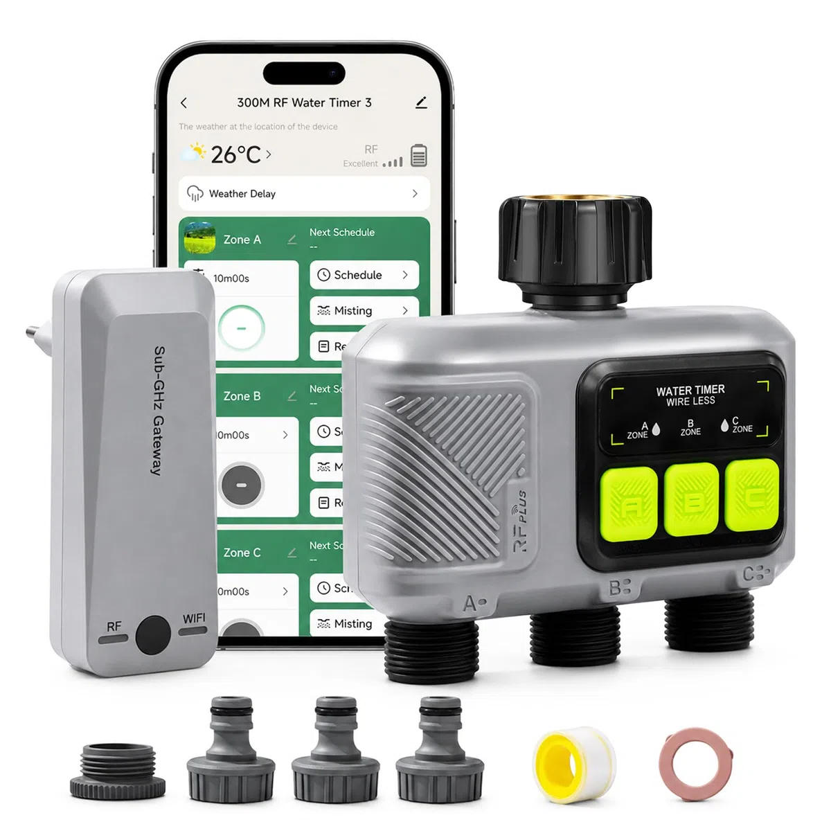 Bewässerungscomputer WLAN 3 Ausgänge mit 300m RF433 Technologie, Smart Zeitschaltuhr Bewässerung mit APP, Alexa & Google Sprachsteuerung, 21 Bewässerungsplänen, Garten Automatische Bewässerungsuhr