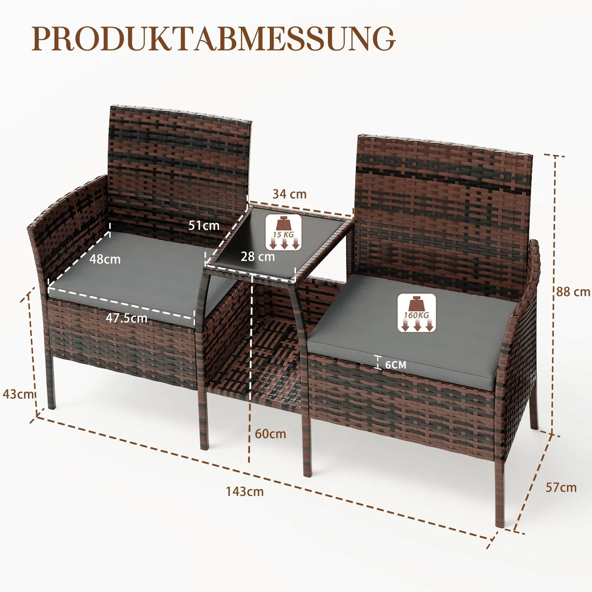 Amopatio Polyrattan Gartenbank, Outdoor Sitzbank mit Tisch & Ablage, Gartenmöbel Rattan Gartensofa, Wetterfest & UV-beständig Balkonbank Sitzgruppe für Garten, Balkon, Braun