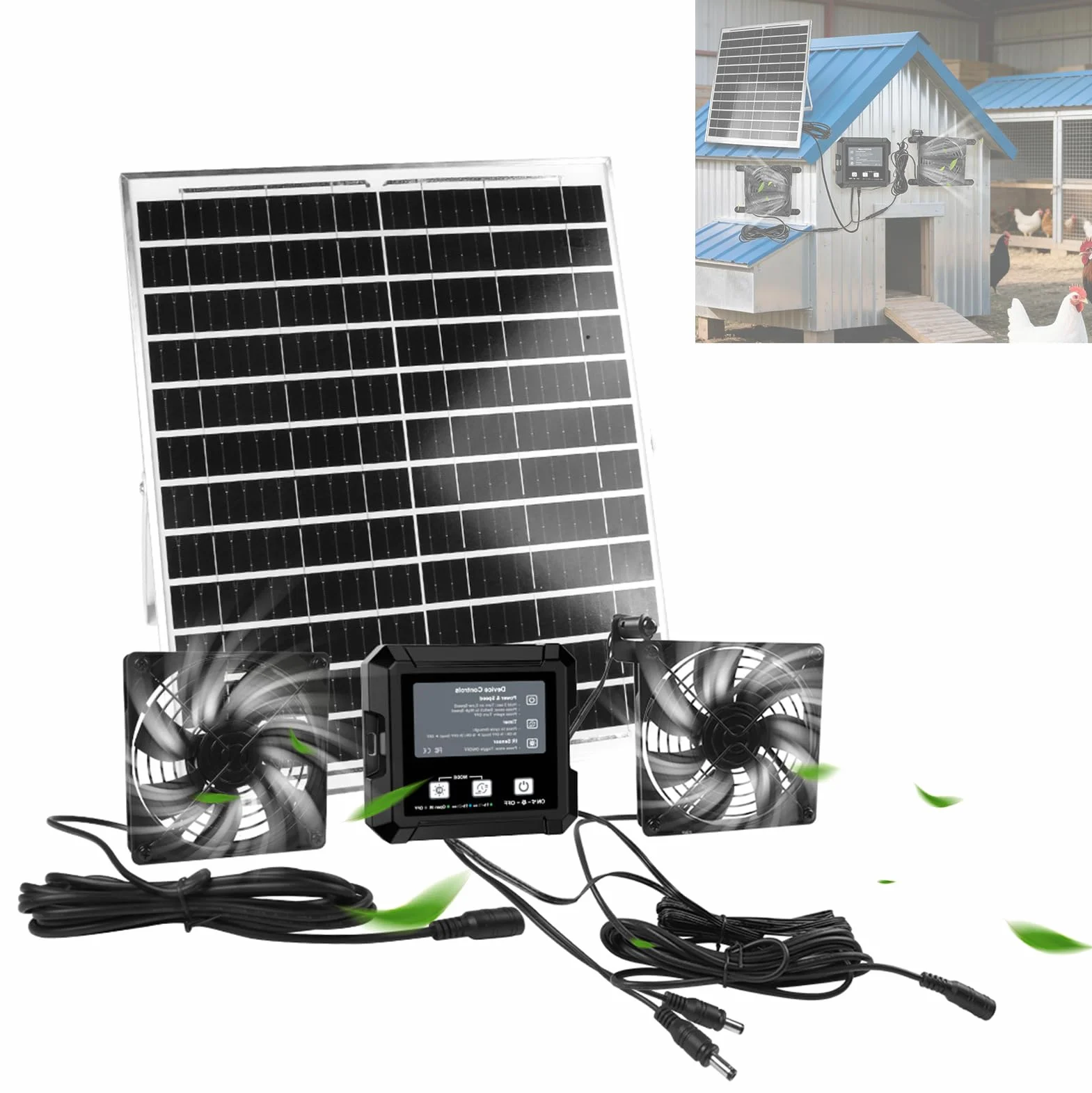 Solar Ventilator Gartenhaus-Set mit Timer, Solarlüfter Gartenhaus, 12x12 cm Doppel-Solar Lüfter, 40x33 cm Solarpanel & Batterie-Dualbetrieb, für Hühnerställe, Hundehütten, Gewächshäuser & Schuppen