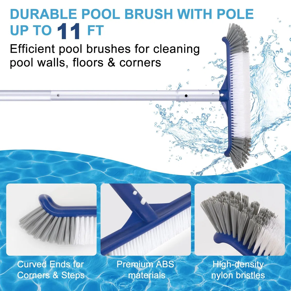 POOLAZA Pool-Reinigungsset, inklusive Poolbürste und ultrafeinmaschigem Pool-Skimmernetz mit Stange, Poolkescher und 44 cm Poolbürstenkopf mit 3,2 m Aluminium-Poolstange, Poolkescher und Bürste mit