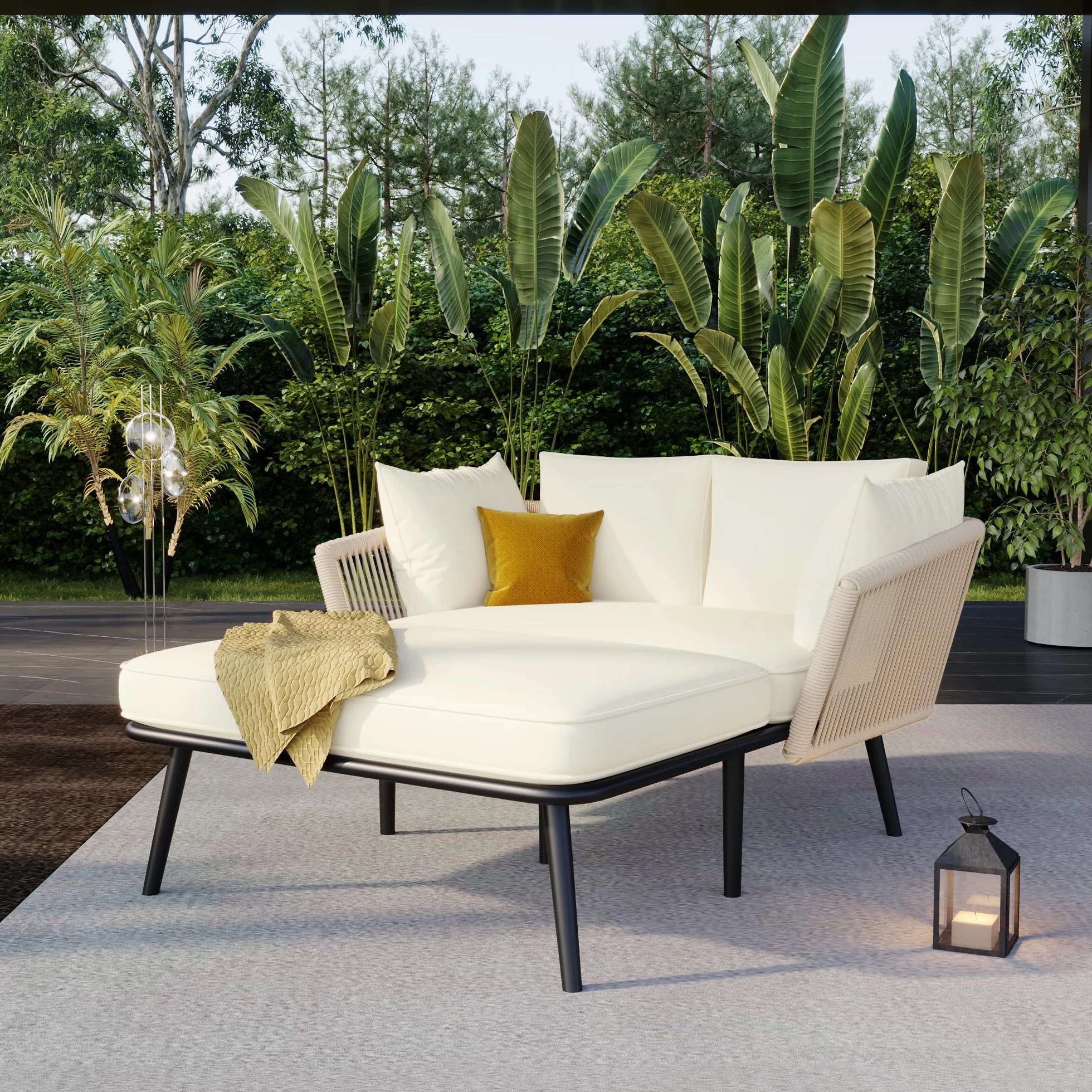 Merax Sonnenliege, Outdoor Gartenliege mit 2 Kissen und 2 Polster, Liegestuhl Garten mit abnehmbar und waschbar Kissen für Balkon Terrasse, Gartenlounge Set, Beige