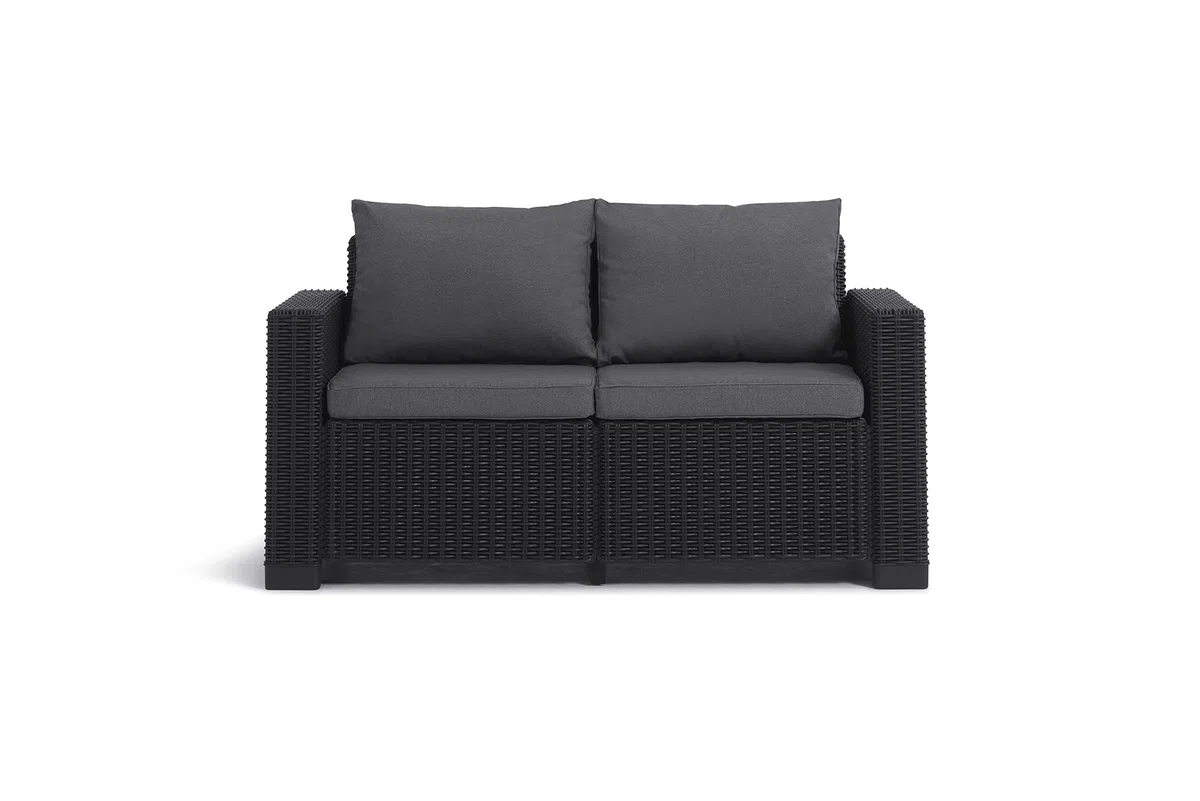Keter Allibert by Gartenlounge Sofa California 2-Sitzer, Graphit/cool Grey, 141x68x72 cm & Allibert by Cube Hocker mit Stauraum, grau, inkl. Kissen, Deckel abnehmbar, 42x42x39cm