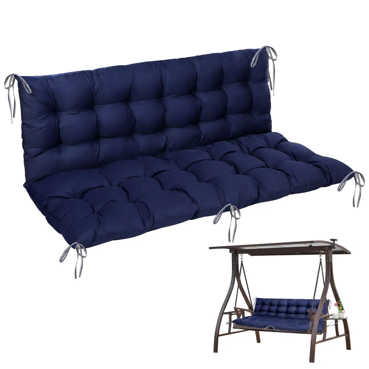 Goutime Gartenliegesitzkissen 150x100cm, 2-Personen Schaukelstuhlkissen mit Rückenlehne, Wasserdicht UV-Schutz, Festzurrgurte für Innen & Außen (Blau)
