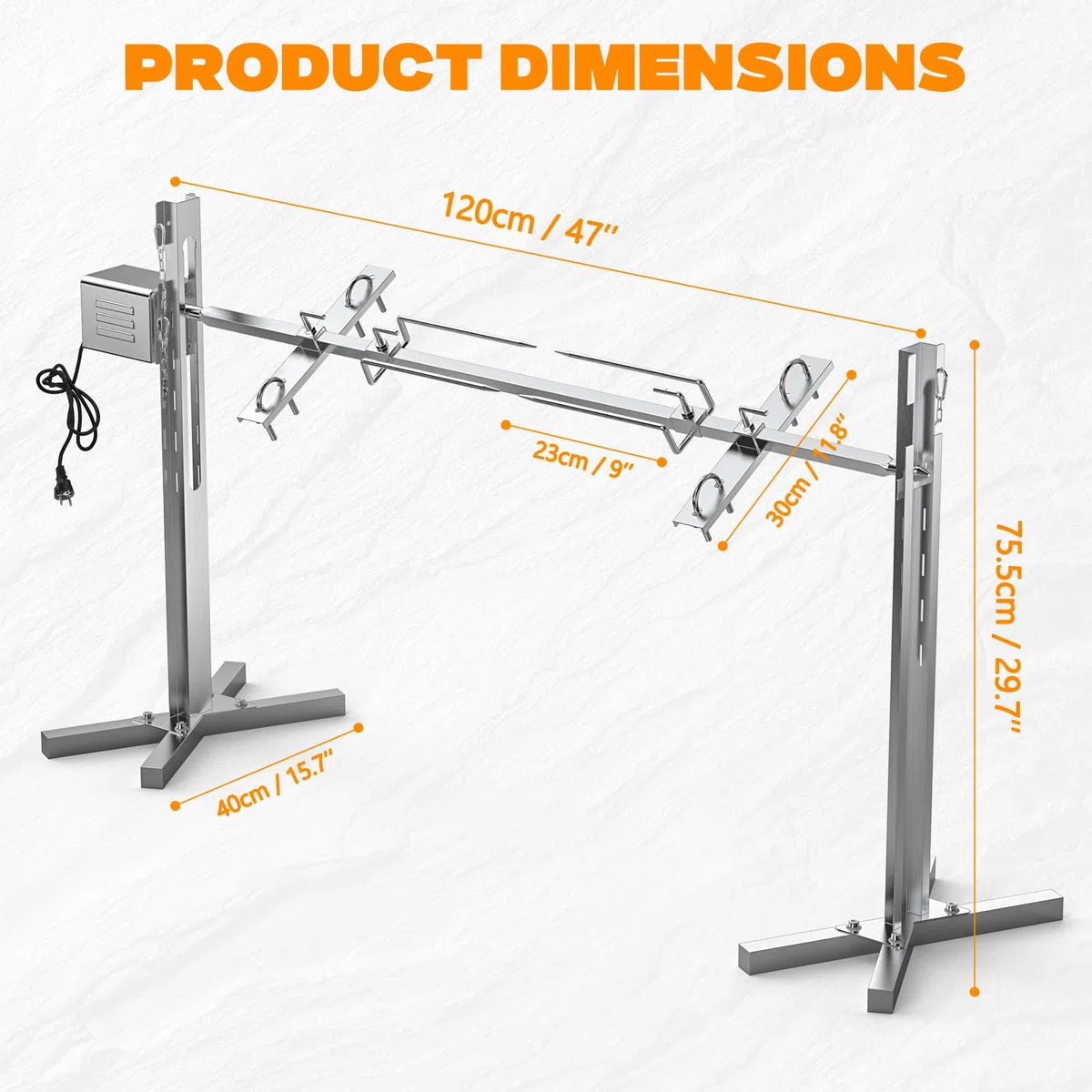 onlyfire Spanferkelgrill mit Motor, Edelstahl Spießbratengrill, 5-stufige Höhenverstellung Spießgrill, Elektrischer Grillspieß Set mit Drehspieß für Schwein, Lamm, Huhn & Grillfleisch, 60KG Traglast