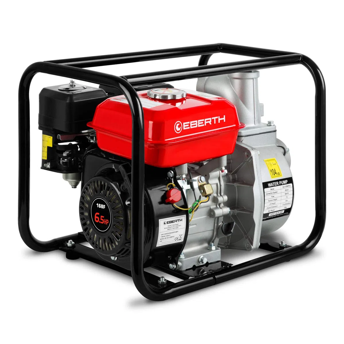 EBERTH 6,5PS Wasserpumpe mit 60.000l/h und 30m Förderhöhe, 3 Zoll Anschluss, Gartenpumpe Schmutzwasserpumpe mit 4-Takt-Motor und 7m Ansaughöhe, Benzin Pumpe, Seilzugstart, Metallfuß, Tragegriff