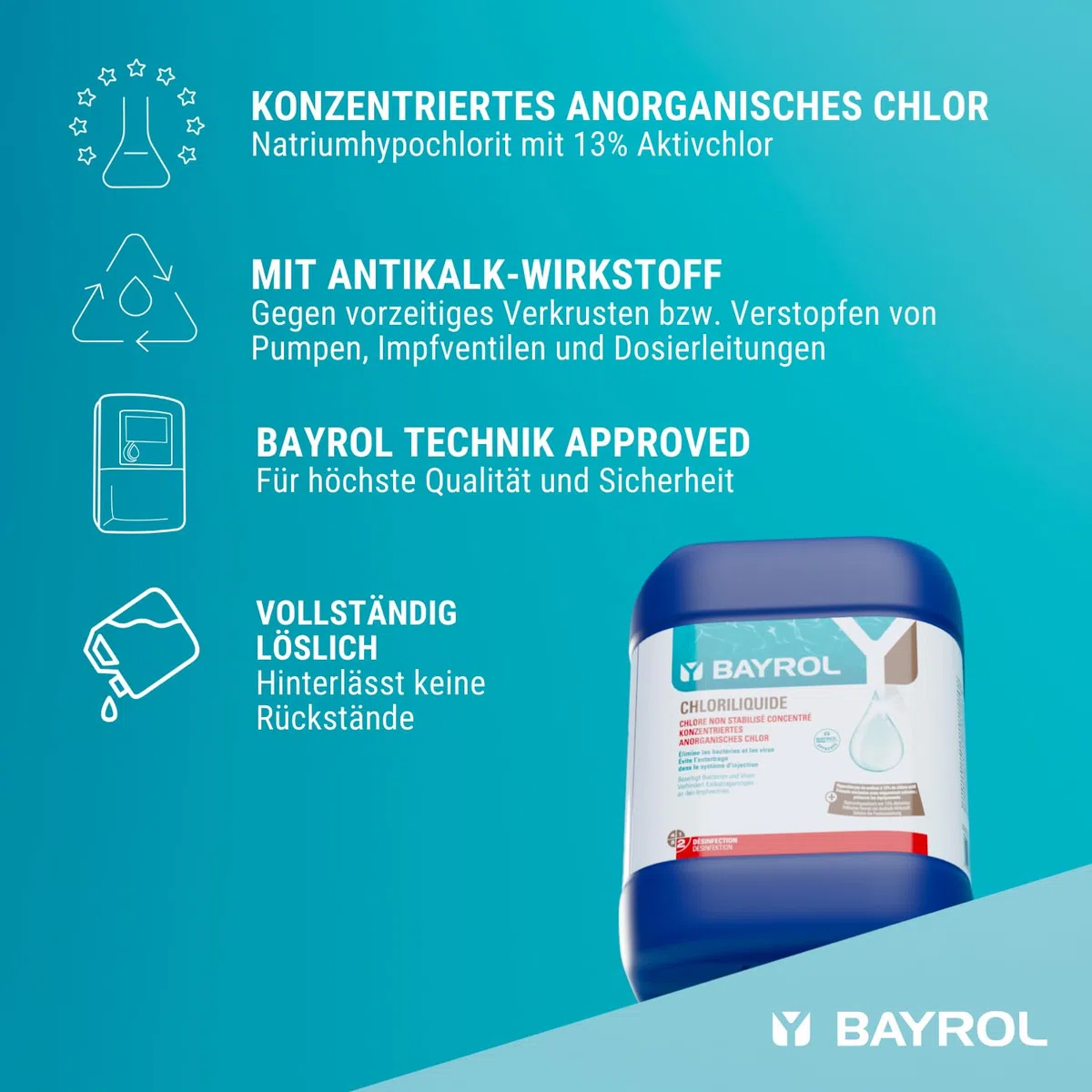 BAYROL Chloriliquide 20 L Flüssigchlor - Anorganisches Chlor flüssig für Pool - Ideal für Pool Dosieranlage - ohne Cyanursäure - Chlorbleichlauge - Chlor Pool