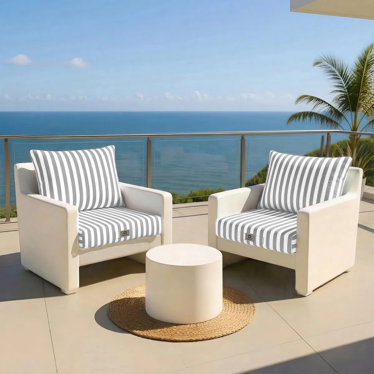 Déco Arts — 2er Set Gartenmöbel-Kissen Abnehmbar 70x60 XL — Sitz 70x60 + Rücken 70x35 cm — Wasserdicht UV-beständig — Ersatz für Gartenmöbel Terrasse Balkon Wintergarten — Gestreift Hellgrau