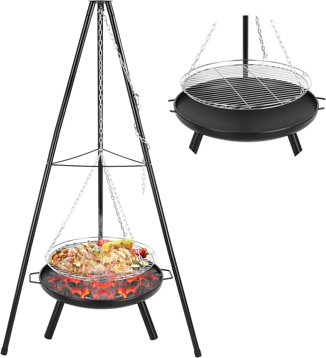TLSUNNY Schwenkgrill mit Feuerschale, Dreibein für Feuerschale, inkl. Grillrost (Ø52cm), Höhenverstellbarer Kette (200 cm) und Dreibein (H:152 cm), 3PCS Beine, Grill für Camping Garten Hof