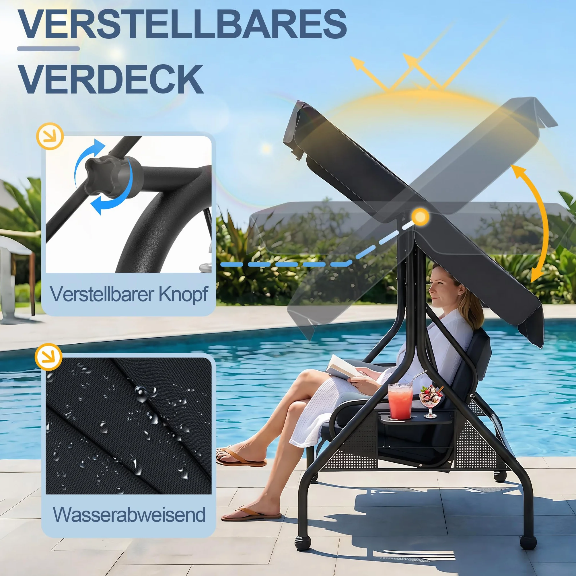 XMTECH Hollywoodschaukel 3-Sitzer mit Liegefunktion & verstellbarem Sonnendach, Gartenschaukel mit Seitentischen & Kissen, Schaukelbank Garten Terrasse, bis 350 kg, 185 x 113 x 163 cm, Anthrazit