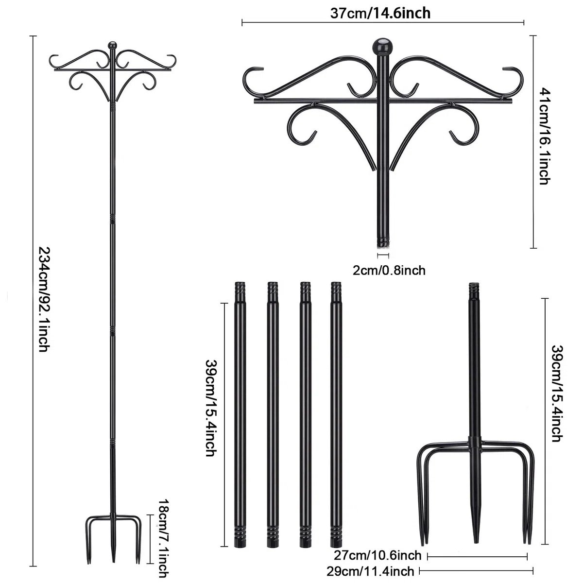 Shepherd Hooks for Outdoor Use, 92 Zoll verstellbarer doppelter Hirtenstab, 234 cm lange Wildvogelfutterstangen und -aufhänger, freistehende Futterstation für den Garten(92in E, 1)