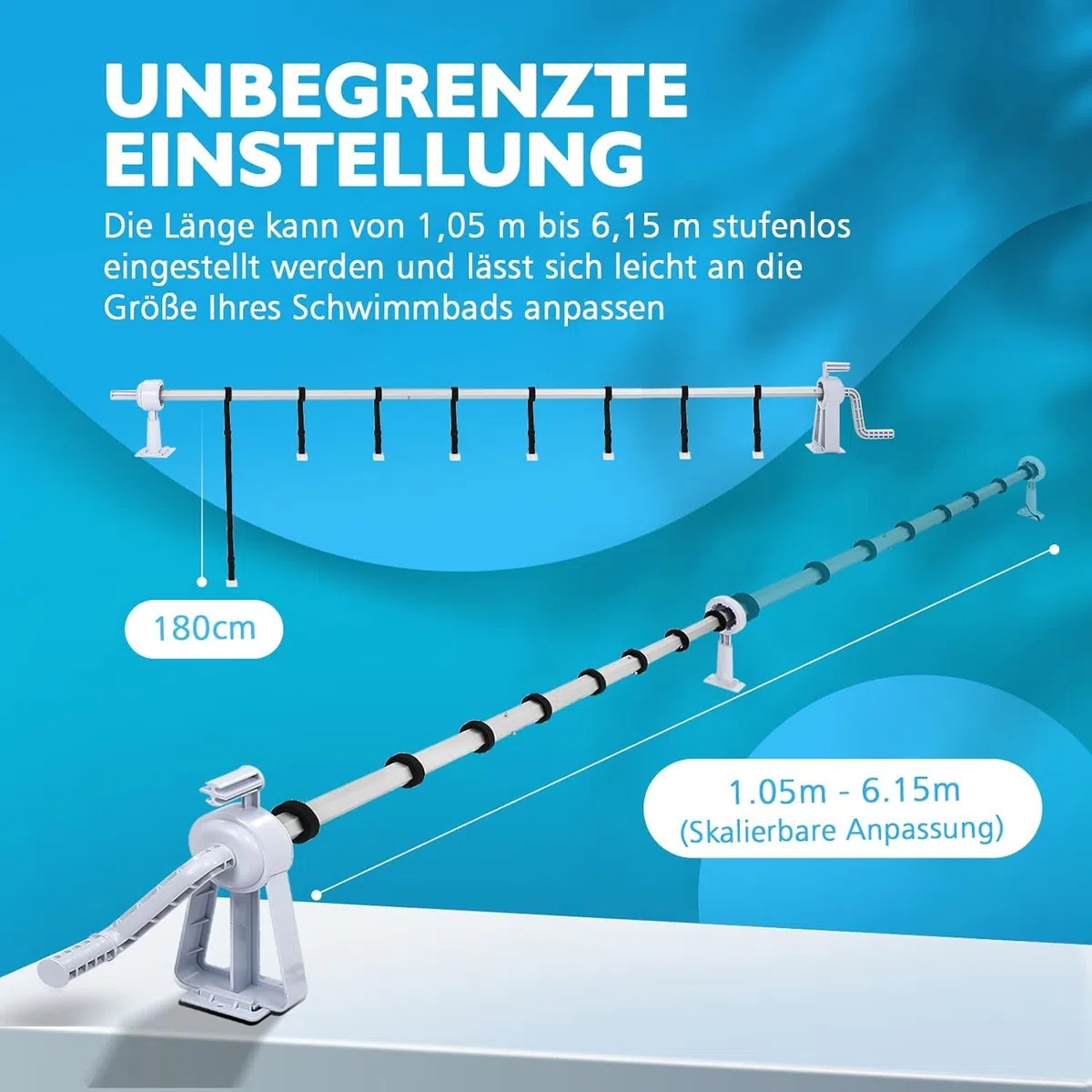 Mobiles Aufrollsystem Pool Aufroller für Solarfolie Poolabdeckung 1,05m-6,15m Edelstahl Verstellbar inkl. Befestigung & Rollen