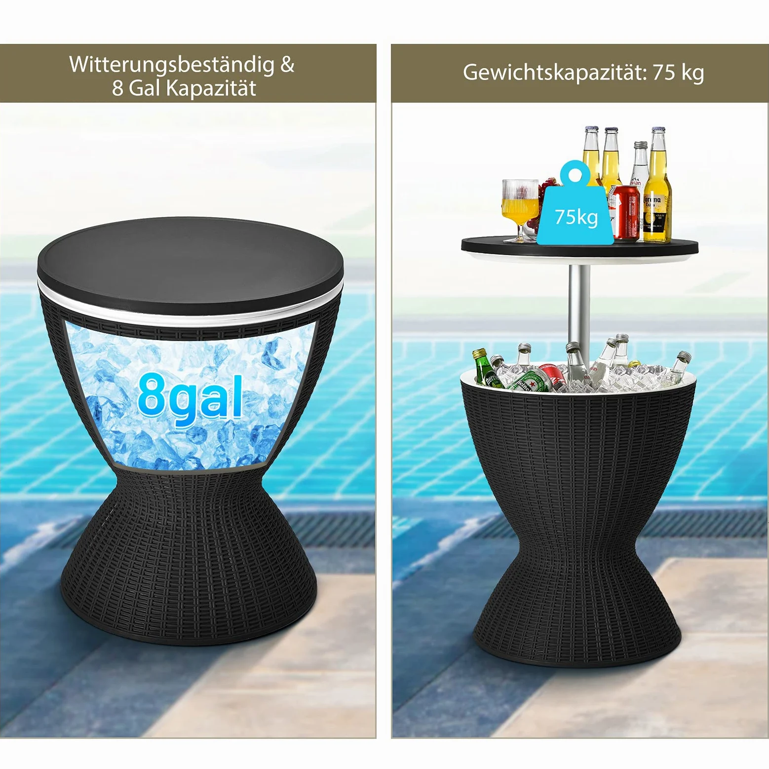 GOPLUS 3 in 1 Cool Bar, höhenverstellbarer Outdoor Beistelltisch & Kühltisch, 30L Getränkekühler mit Abflussloch, Kühlbox wetterfest in Rattanoptik für Bier & Wein, für Garten, Pool & Party, Schwarz
