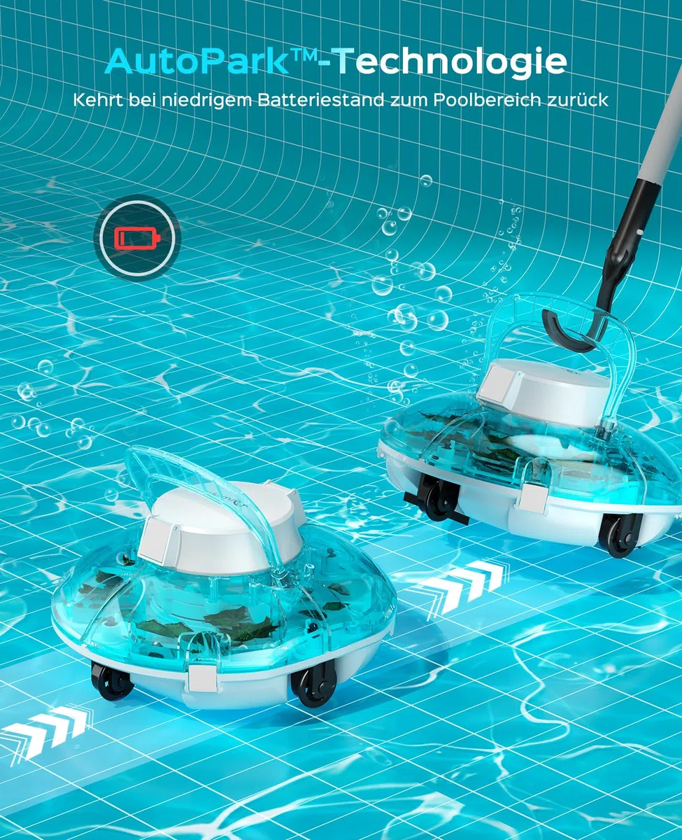 WINNY POOL CLEANER Winny 200 Poolroboter, Poolsauger kabellos mit Akku, 75 Min. Laufzeit, für Aufstellpools bis 60 m², Doppelfiltration, Automatisches Parken, Kompakt Leicht (Transparentes Blau-Weiß)