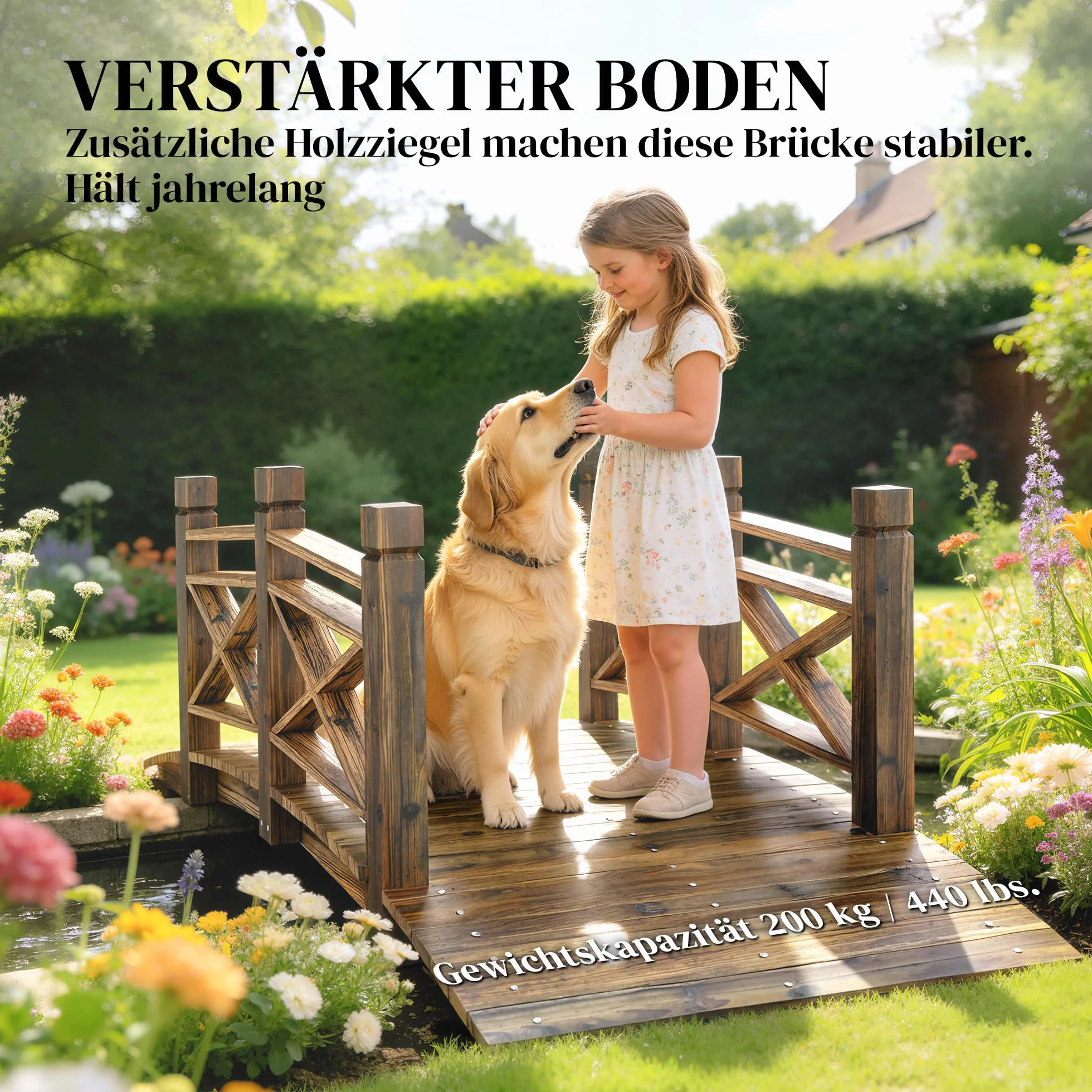 Outsunny Holzbrücke mit Geländer Gartenbrücke aus Tannenholz Teichbrücke mit Antik-Optik, begehbar Zierbrücke bis 200 kg Rostbeständig Dekobrücke für Garten Teich 174 x 78 x 57,5 cm Verkohlt