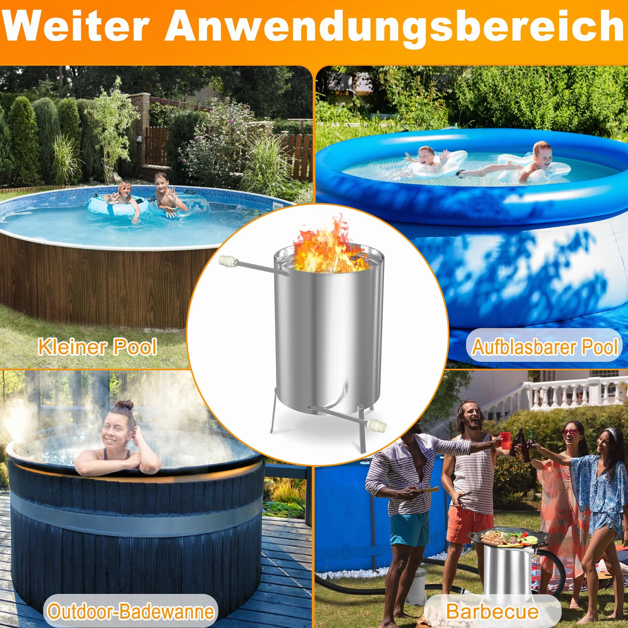 YRHome 1er Edelstahl Poolheizung Feuertonne Mit Heizspirale,Ø32/ Ø38mm 2 in 1 Anschluss,Brennholz Heizung,Mit Feuerschutzmatte & Restasche Auffangwanne,28 L Inhalt Gartendusche Heizungen,Silber