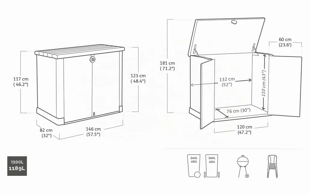 Keter Store It Out Ace 1200L Lagerbox, wetterfest & abschließbar, UV-beständig, Hydraulikdeckel, Grau, Maße: 145,5 x 82 x 123,5 cm