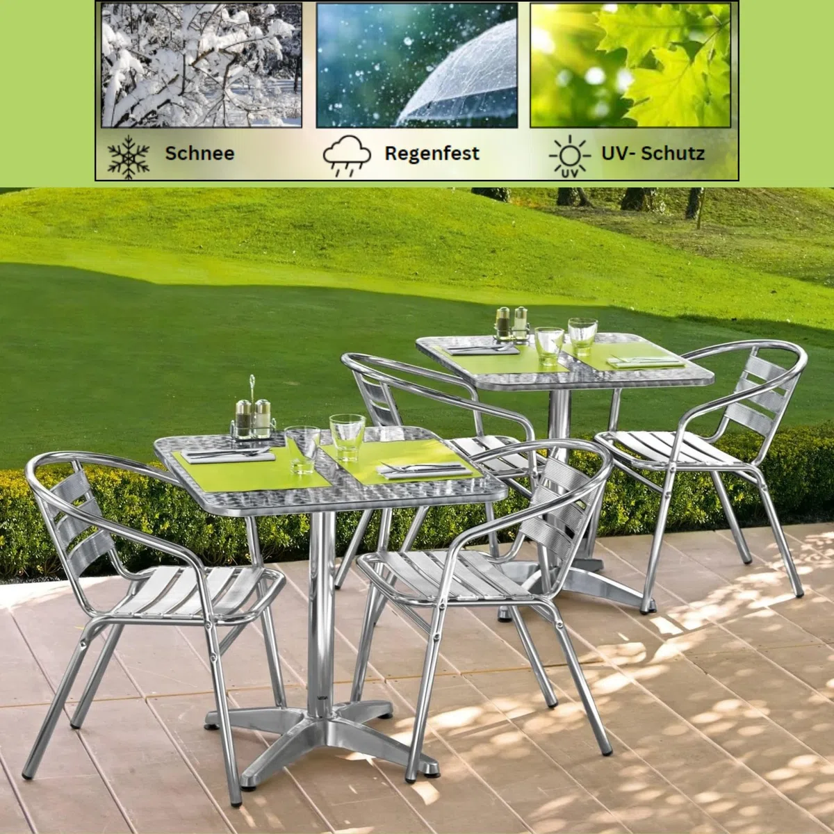 Hochwertiger Bistrotisch aus Aluminium, Eckiger Aluminiumtisch Wetterfest für Garten, Balkon und Terrassen – T80 x B80 x H72cm / Pflegeleichter Gartentisch mit Standfüßen –Silber glänzend Tischplatte