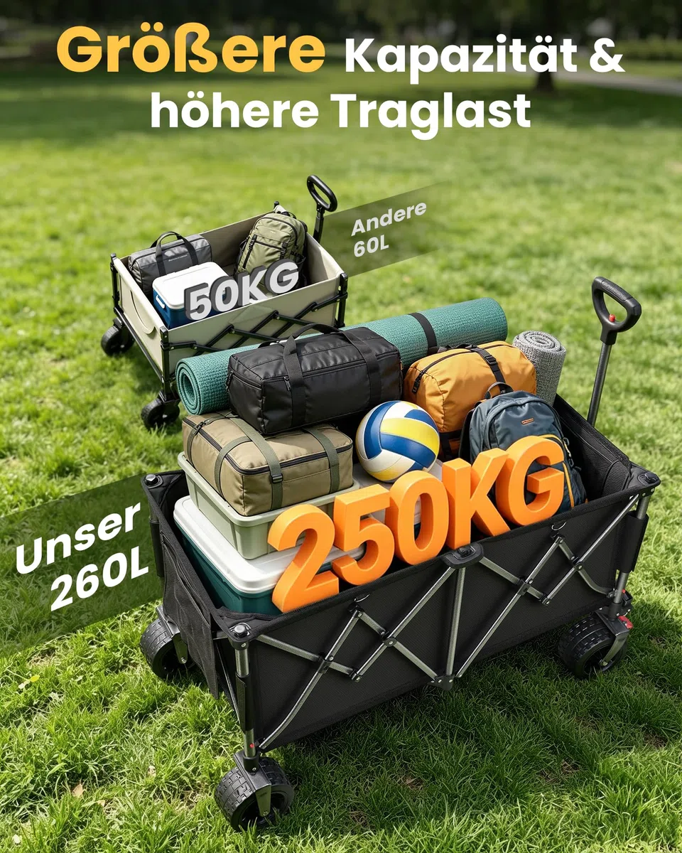 YEAUPE PRO Bollerwagen Faltbar 260L 250KG Handwagen mit Bremsen 17x10 cm Reifen All Terrain