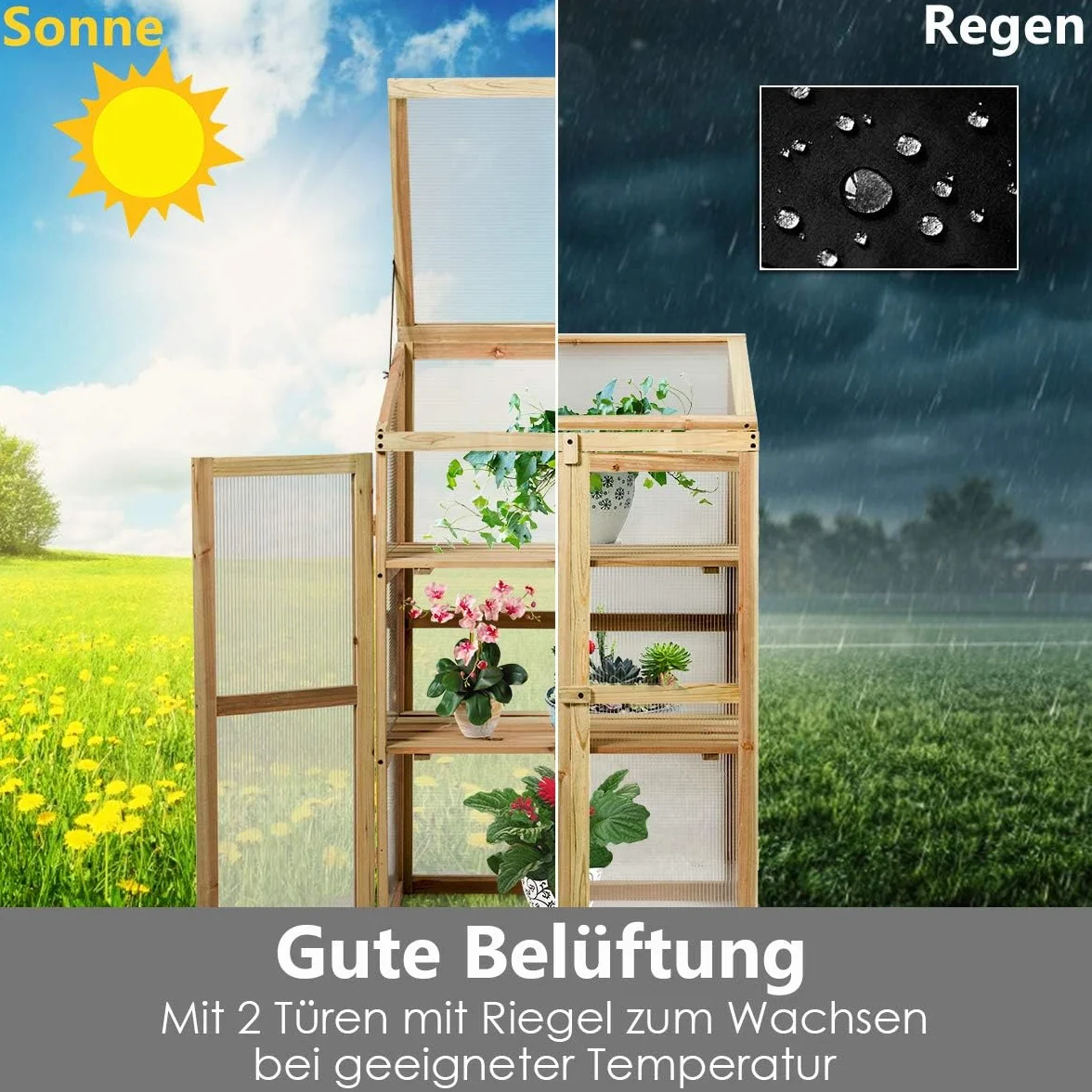 FANTASK 3 Etagen Frühbeet Holz, Hochbeet wetterfest, Gewächshaus mit 2 Türen & Deckel, Polycarbonat-Fenster, Pflanzenbeet Aufzuchtschrank Treibhaus, 60 x 45 x 100 cm, Natur