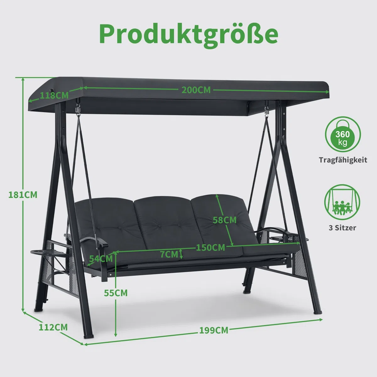M MCombo 3-Sitzer Hollywoodschaukel mit Liegefunktion, Verstellbarem Sonnendach & Getränkehalter, Gartenschaukel bis 360kg Belastbar Schaukelbank Outdoor Wetterfest 204x118x181 cm 4093 (dunkgelgrau)