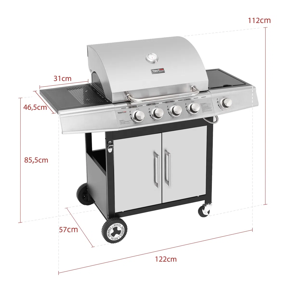 Royal Gourmet 4+1 Brenner Gasgrill Grillwagen mit automatischer Zündung,integriertem Thermometer und Unterschrank Edelstahl Brenner mit 14,5 kW Camping Gasgrill für Outdoor Barbecue Silber