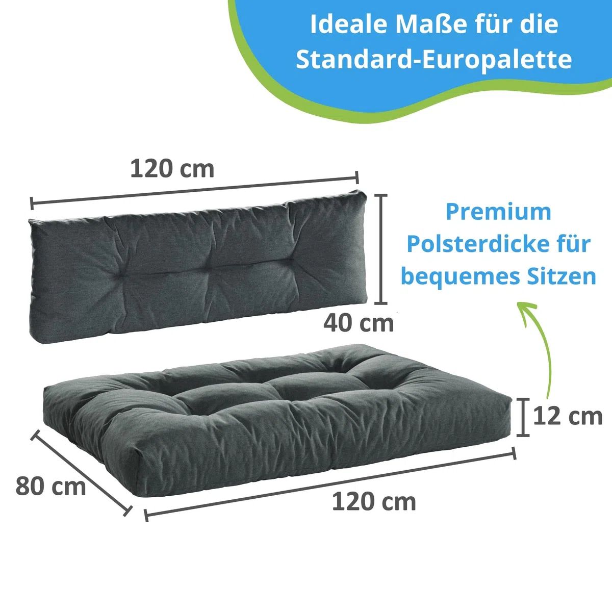 Bodyprotect Palettenkissen 2-teilig Set, Sitzkissen 120x80x12 cm & Rückenlehne 120x40 cm, Kissen Indoor & Outdoor aus hochwertigem Möbelstoff, Loungekissen für Gartenmöbel & Paletten, Dunkelgrau