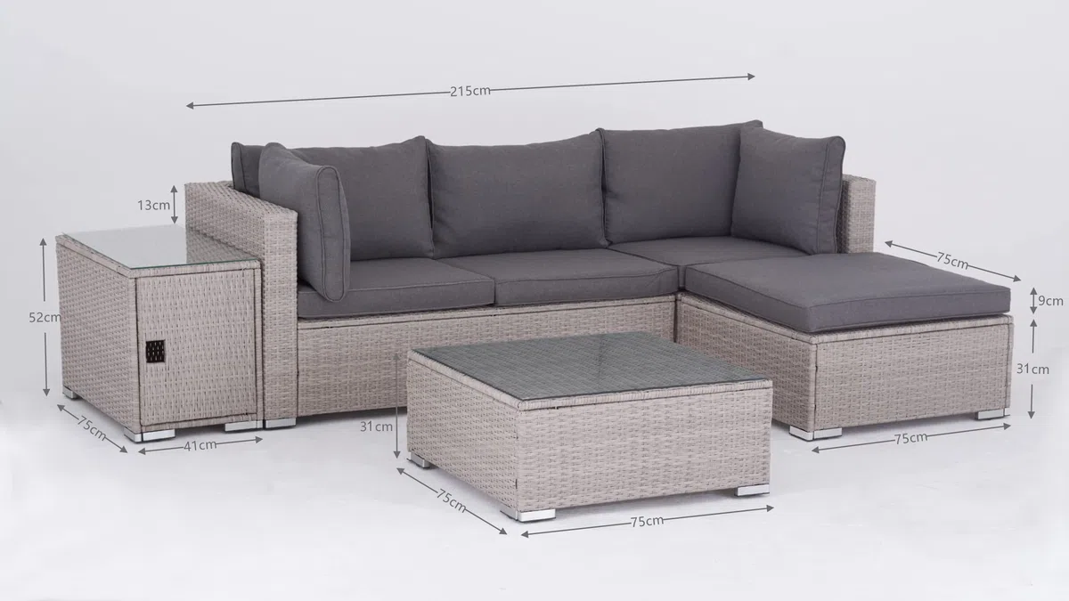 Rattan Polyrattan Lounge Sitzgruppe Garnitur Gartenmöbel aus 3 Sitzer Sofa, Hocker, Tisch mit Stauraum und Abstelltisch mit Glassplatte