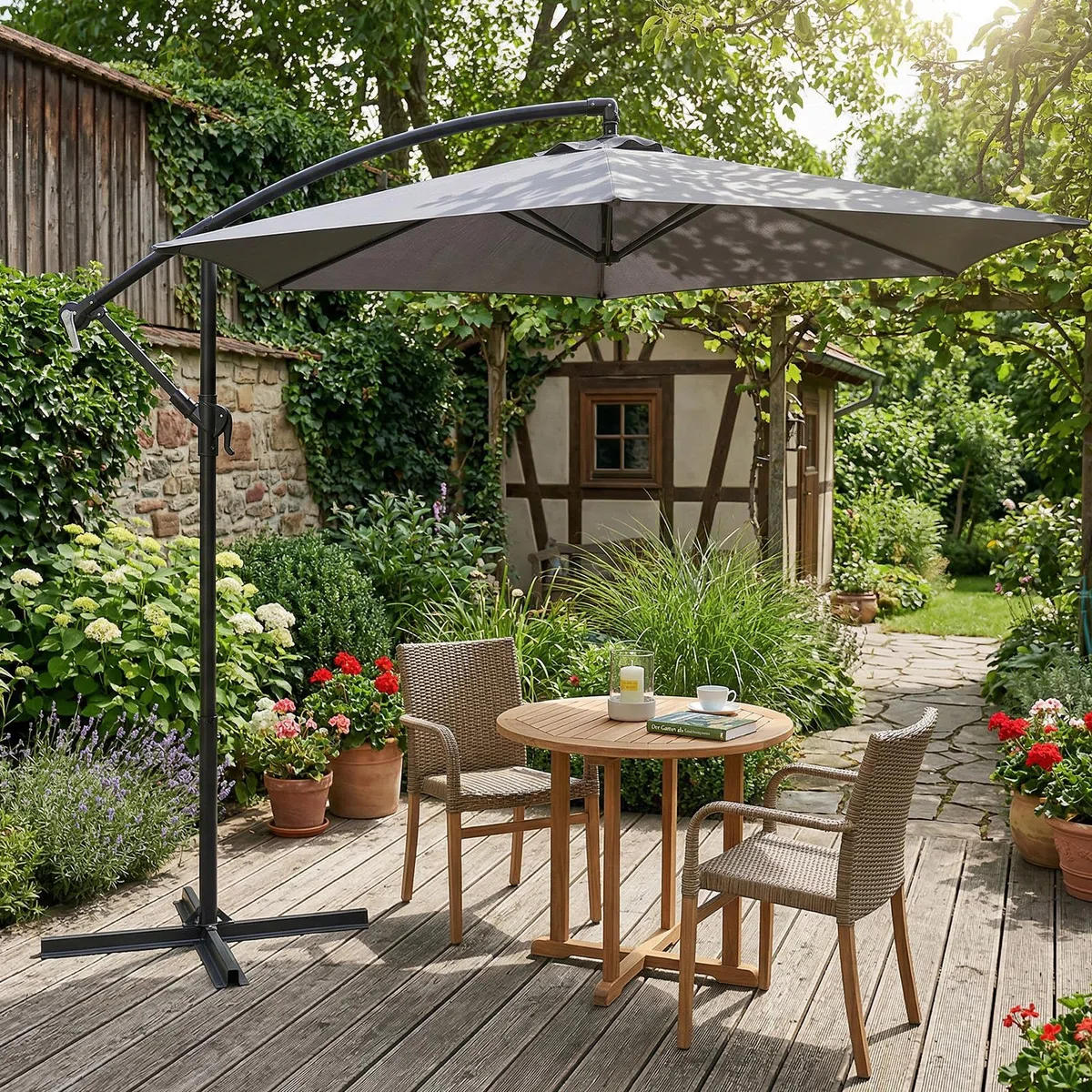 Sekey Ampelschirm 300 cm mit neigbarem Schirmdach, Sonnenschirm mit 48mm Alu-Mast & 6x Stahlstreben，Garten Terrassen Schirm rund knickbar, inkl. Zusatzgurt gegen Wackeln