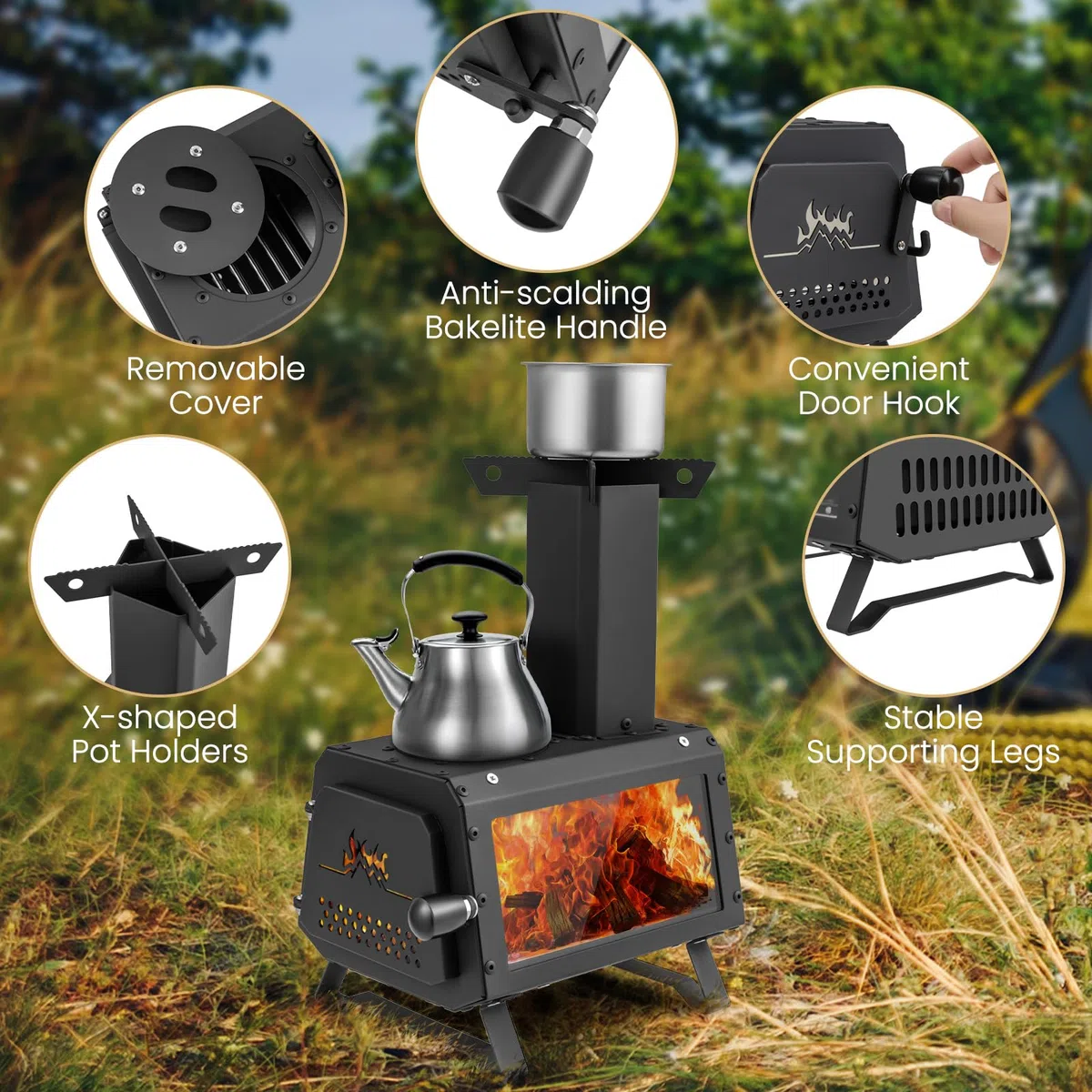 FANTASK tragbarer Holzofen, Raketenofen Outdoor inkl. 2 Kochflächen mit Sichtscheibe und Aschepfanne, Zeltofen, Campingofen für Garten & Camping, Schwarz
