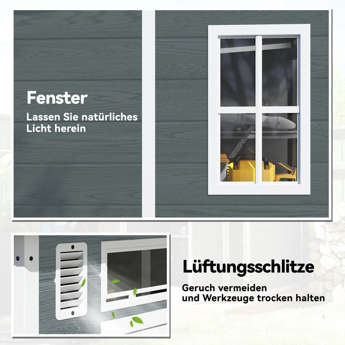 Outsunny Gerätehaus 2,89 m², Geräteschuppen mit Holzoptik 3 Fenster, 182 x 182 x 196 cm Kunststoff Gartenschuppen mit Doppeltür Belüftung Boden Schloss Handschuhe, Gartenhaus für Werkzeuge Fahrrad