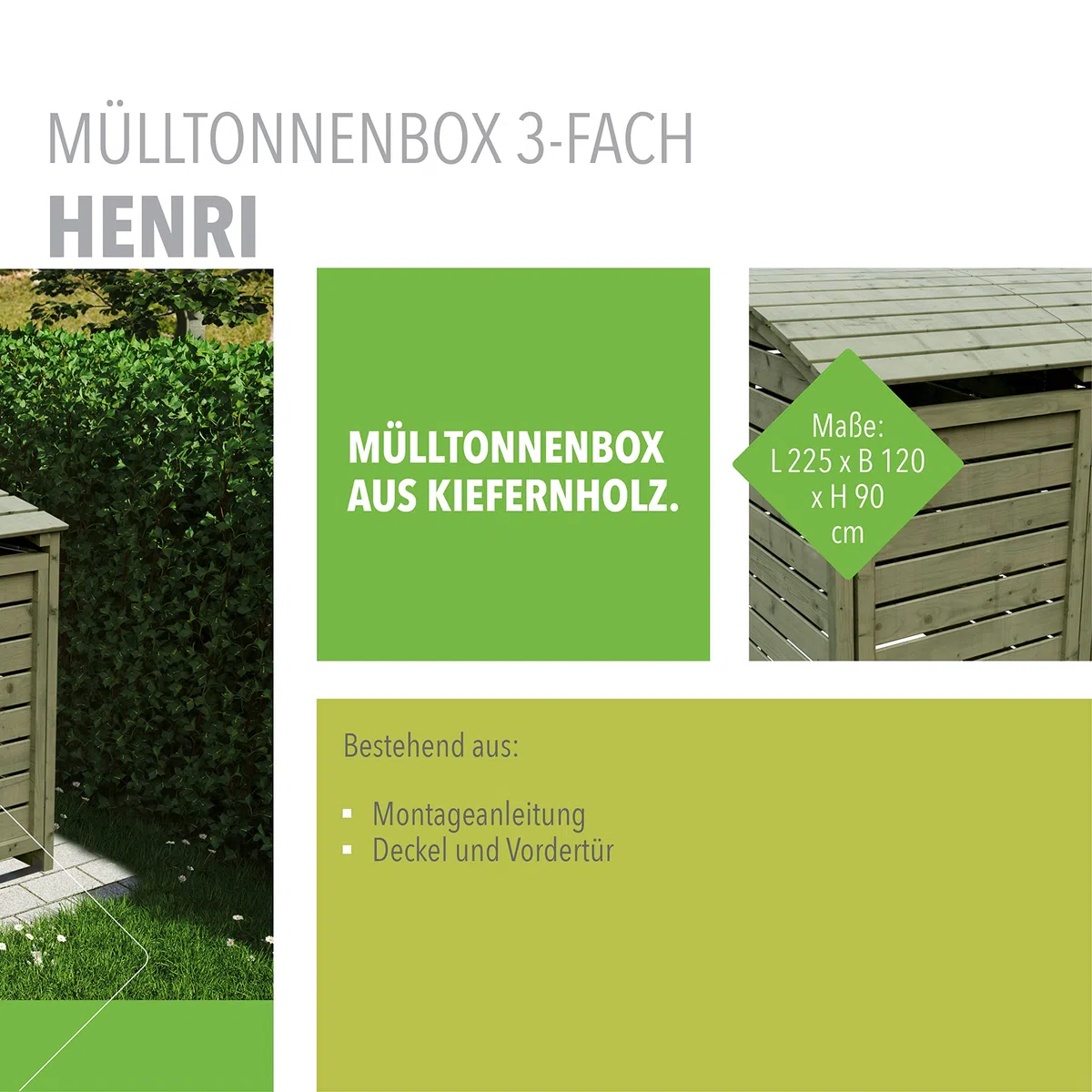 TETZNER & JENTZSCH HENRI-Mülltonnenbox 3er mit Rückwand & Klappdach I Mülltonnenverkleidung aus Kiefernholz für 3 Mülltonnen oder gelbe Säcke I Outdoor Mülltonnenbox aus Holz mit Montageanleitung