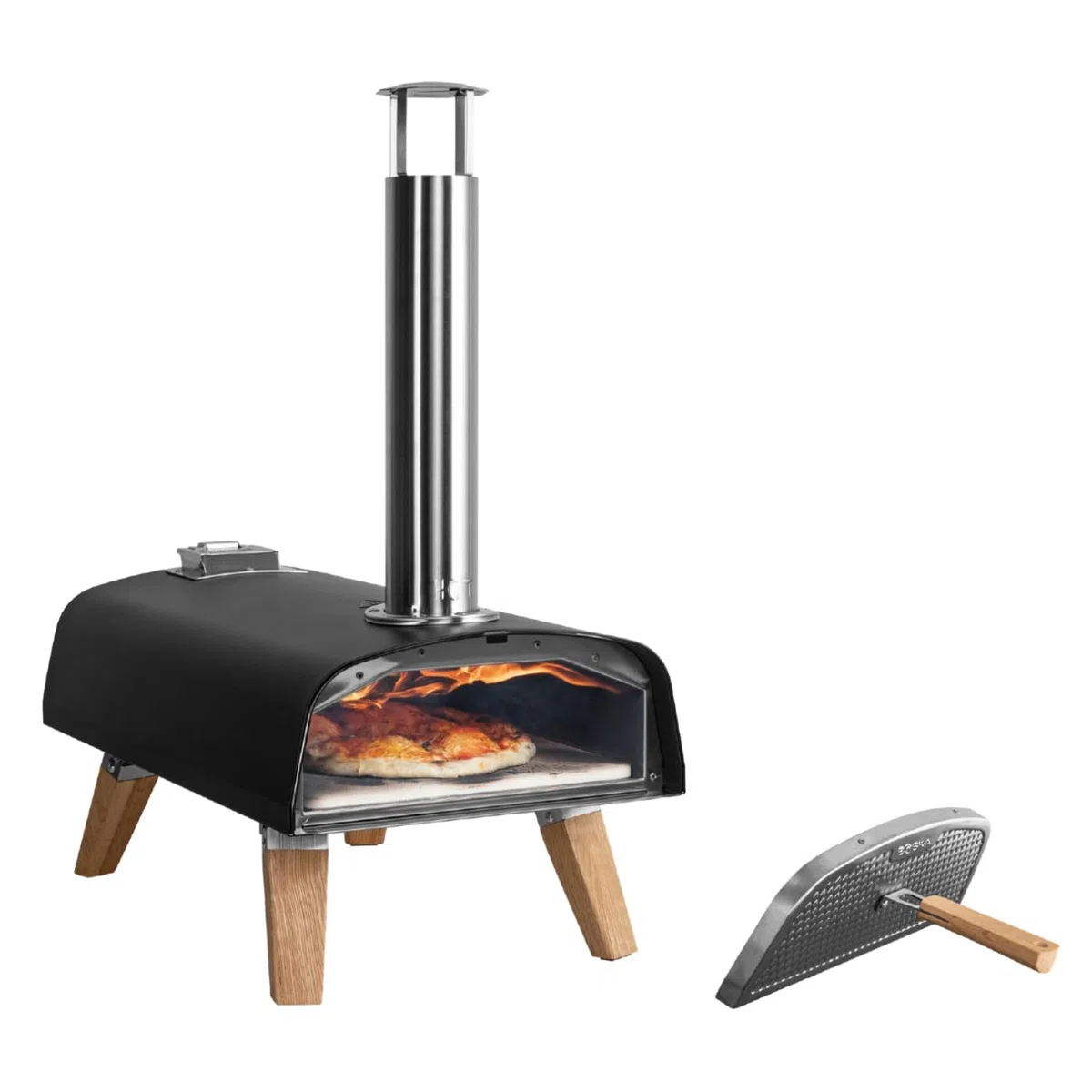 BOSKA Pizzaofen Pro Pellet/Pizza ofen/Pizza in 90 Sekunden wie aus dem Steinofen/Holzpellets/Outdoor-Kochen/Inkl. Flaschenöffner und Pizzastein